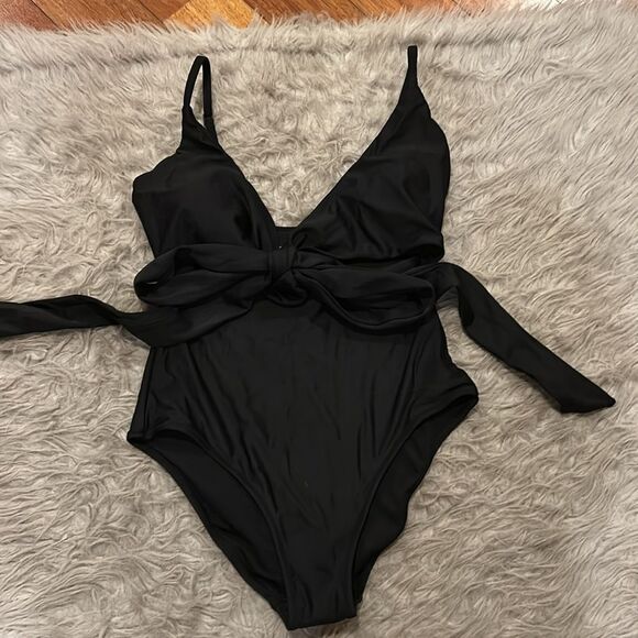 NWT aerie one piece full‎ coverage upf 50 black tie front swimsuit - Picture 2 of 5